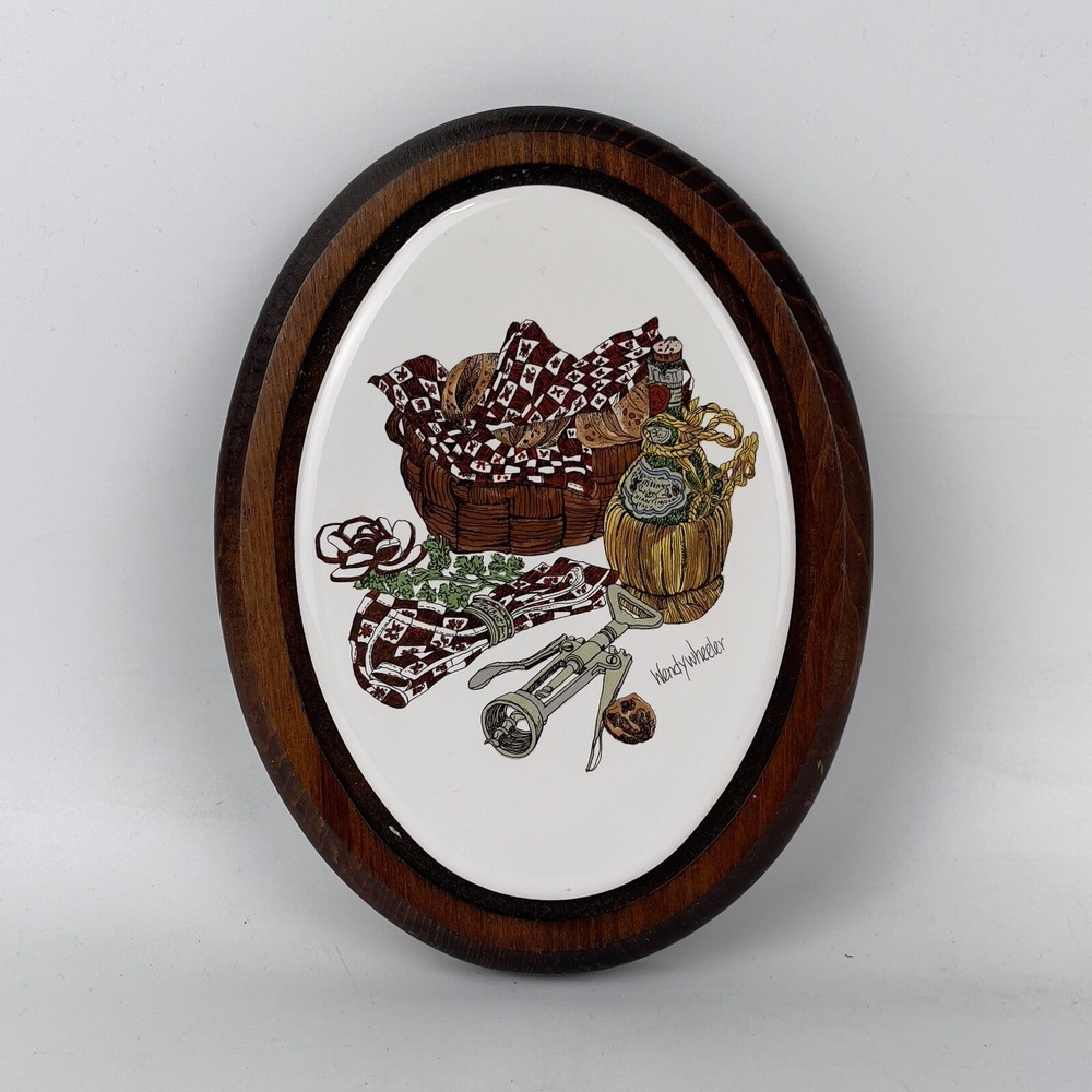 Vintage Wendy Wheeler Ceramic Tile‎ Trivet Oval-footed Wooden Frame Kitchen Deco